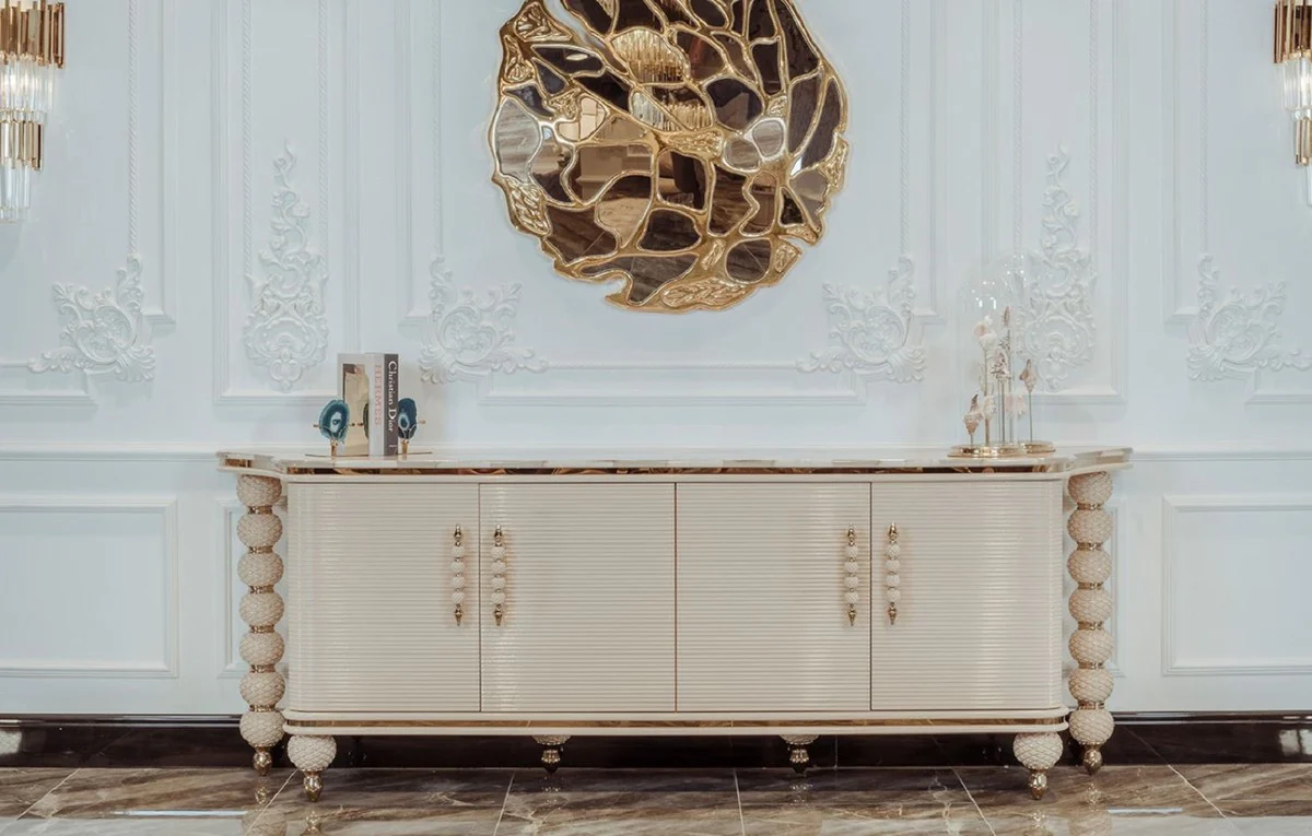 Casa Padrino aparador Art Deco de lujo gris / blanco / oro 250 x 55,5 x A. 89 cm - Gabinete noble de madera maciza con 4 puertas y tapa de m¨¢rmol artificial - Muebles Art Deco - Calidad de Lujo