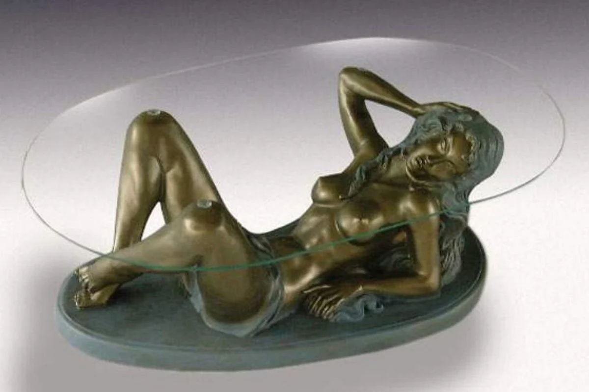 Casa Padrino mesa de centro Art Nouveau mujer lat¨®n antiguo / gris A. 45 cm - Elegante mesa de sal¨®n con tapa de vidrio ovalada - Muebles Barrocos y Art Nouveau