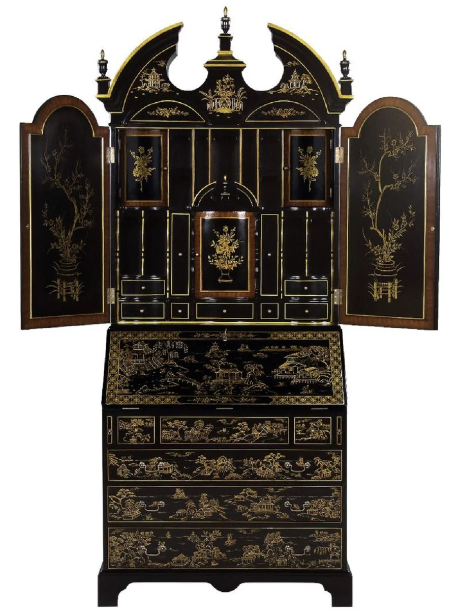 Casa Padrino armario de escritorio barroco de lujo en estilo chino negro / oro 104 x 58 x A. 238 cm - Magn¨ªfico armario de oficina de madera maciza - Noble mobiliario de oficina barroco