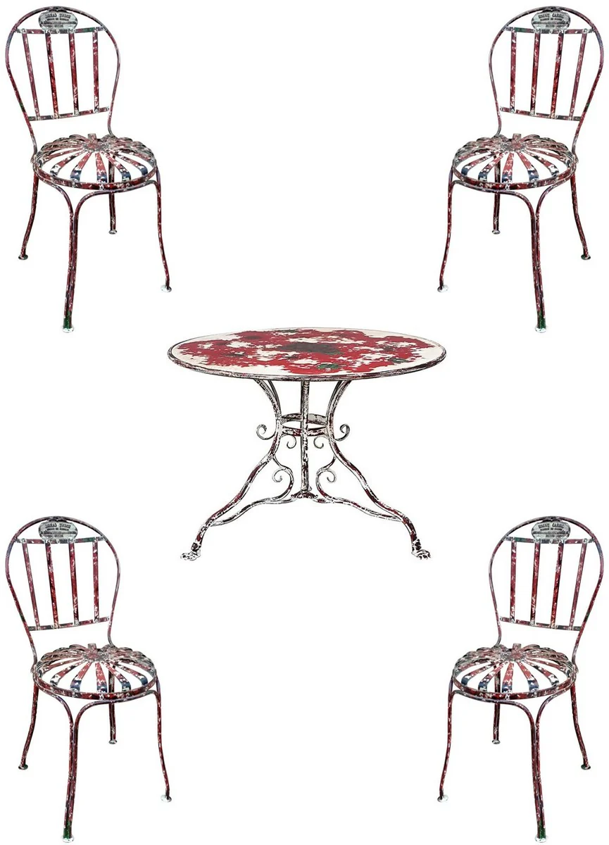 Casa Padrino Conjunto de Muebles de Jardín Art Nouveau de Hierro Forjado Rojo Antiguo / Blanco - 1 Mesa de Jardín y 4 Sillas de Jardín - Muebles de Gastronomía y Jardín Barroco y Art Nouveau
