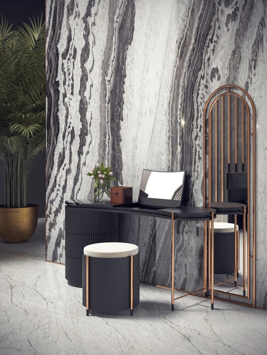 Casa Padrino conjunto de dormitorio de lujo negro mate / cobre - 1 Tocador de Lujo con Espejo de Maquillaje y 1 Taburete de Lujo - Muebles de dormitorio - Muebles de hotel - Muebles de lujo