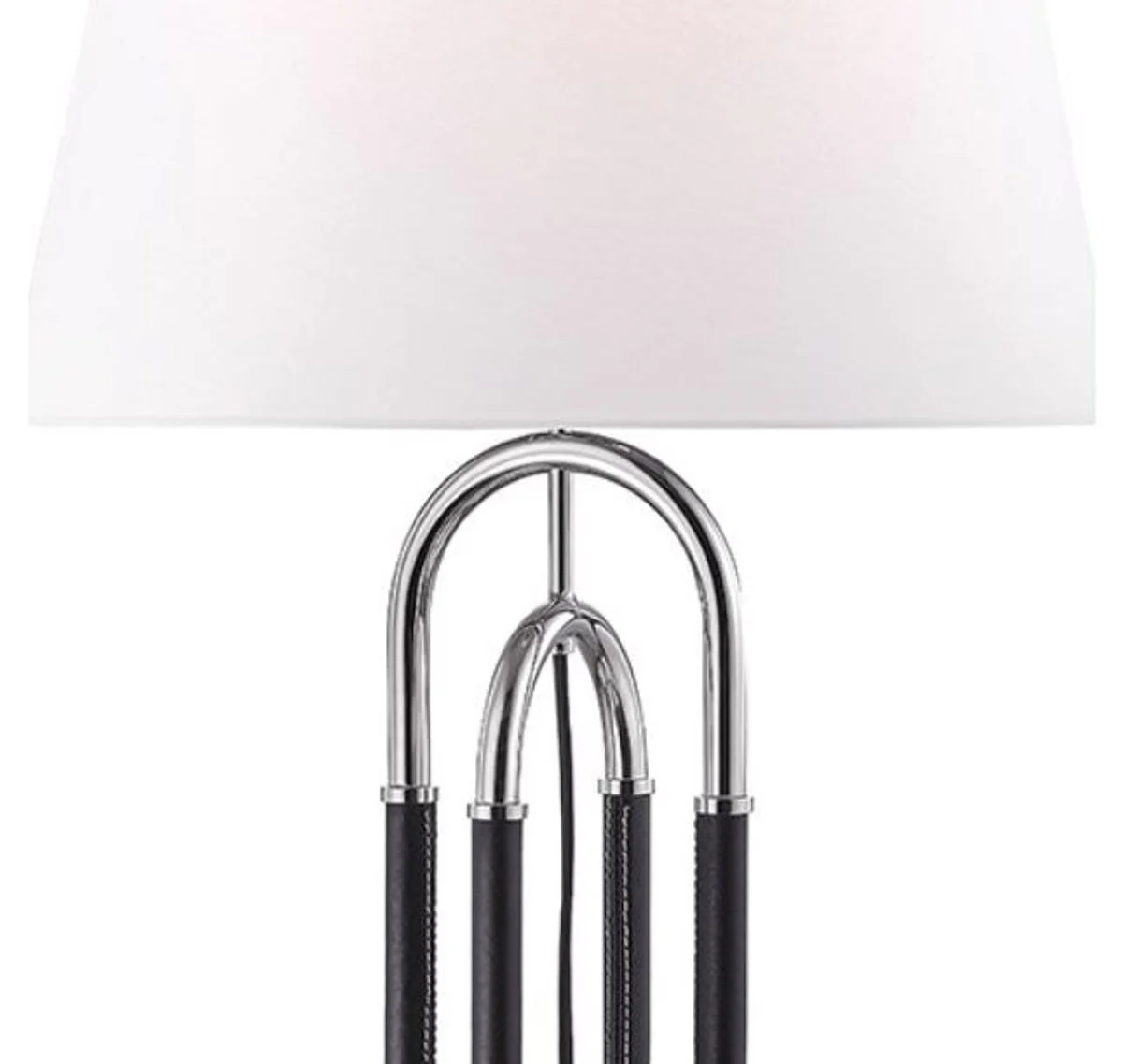 Casa Padrino lámpara de mesa de lujo plata / negro / blanco Ø 40,6 x H. 73,7 cm - Lámpara de Metal Noble con Cuero de Alta Calidad y Pantalla de Lino - Calidad de Lujo