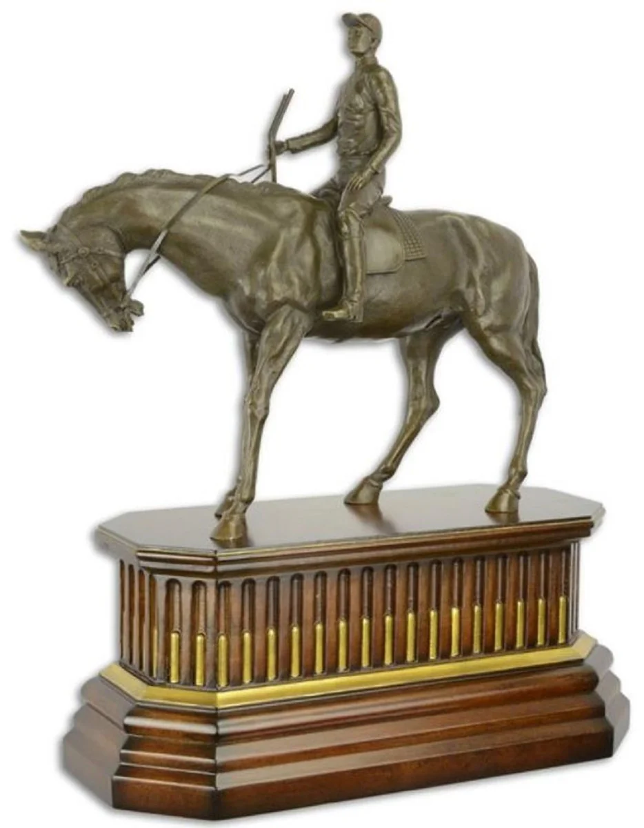 Casa Padrino escultura de bronce de lujo jockey con caballo sobre base de madera bronce / marrón / oro 44 x 19,8 x A. 52,4 cm - Figura de Bronce - Figura Decorativa - Accesorios Decorativos