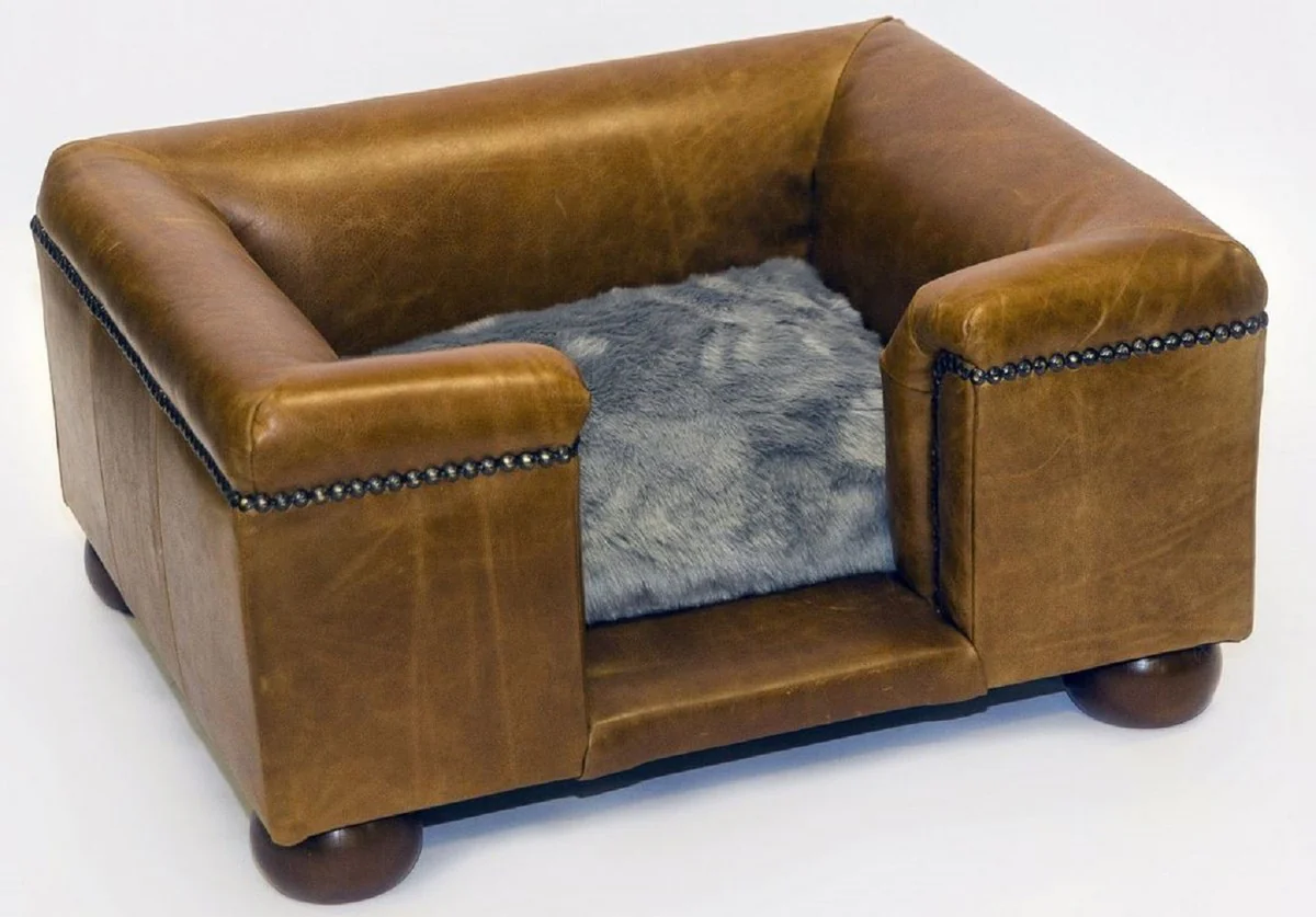 Casa Padrino Cama para Perros de Cuero de Lujo Marrón Vintage / Marrón Oscuro / Gris 65 x 55 x A. 31 cm - Cama para Perros de Cuero Genuino Rectangular - Muebles para Mascotas de Cuero Genuino