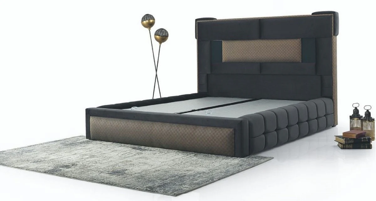 Casa Padrino cama doble de lujo gris / marrón - Cama moderna de madera maciza - Muebles de Dormitorio y de Hotel Moderno - Colección de Lujo