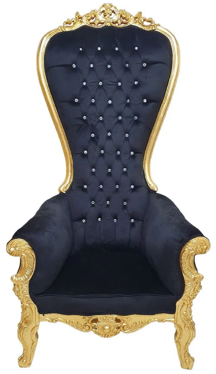 Casa Padrino sill¨®n de trono barroco con tela de terciopelo fino y pedrer¨ªa negro / oro - Sill¨®n real hecho a mano estilo barroco - Sill¨®n de boda - Sill¨®n gigante barroco - Muebles barrocos