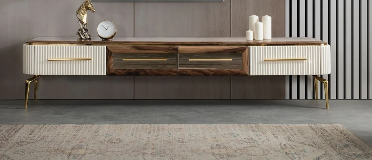 Casa Padrino gabinete TV Art Deco de lujo marr¨®n / blanco / oro 235 x 48 x A. 48 cm - Aparador de sal¨®n con 4 cajones - Muebles Art Deco - Muebles de sal¨®n - Muebles de lujo