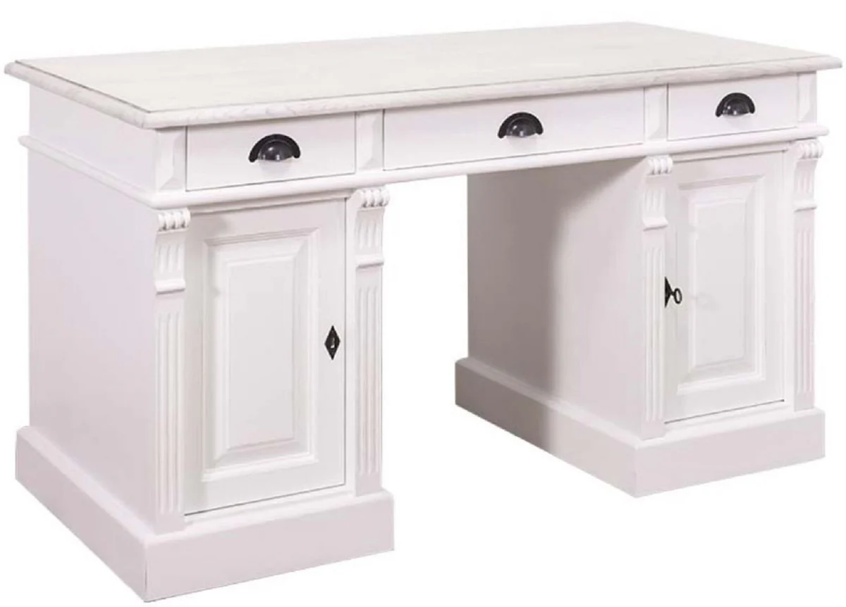 Casa Padrino escritorio de madera maciza de estilo campestre con 3 cajones y 2 puertas blanco 140 x 70 x H. 78 cm - Muebles de Oficina de Estilo Campestre