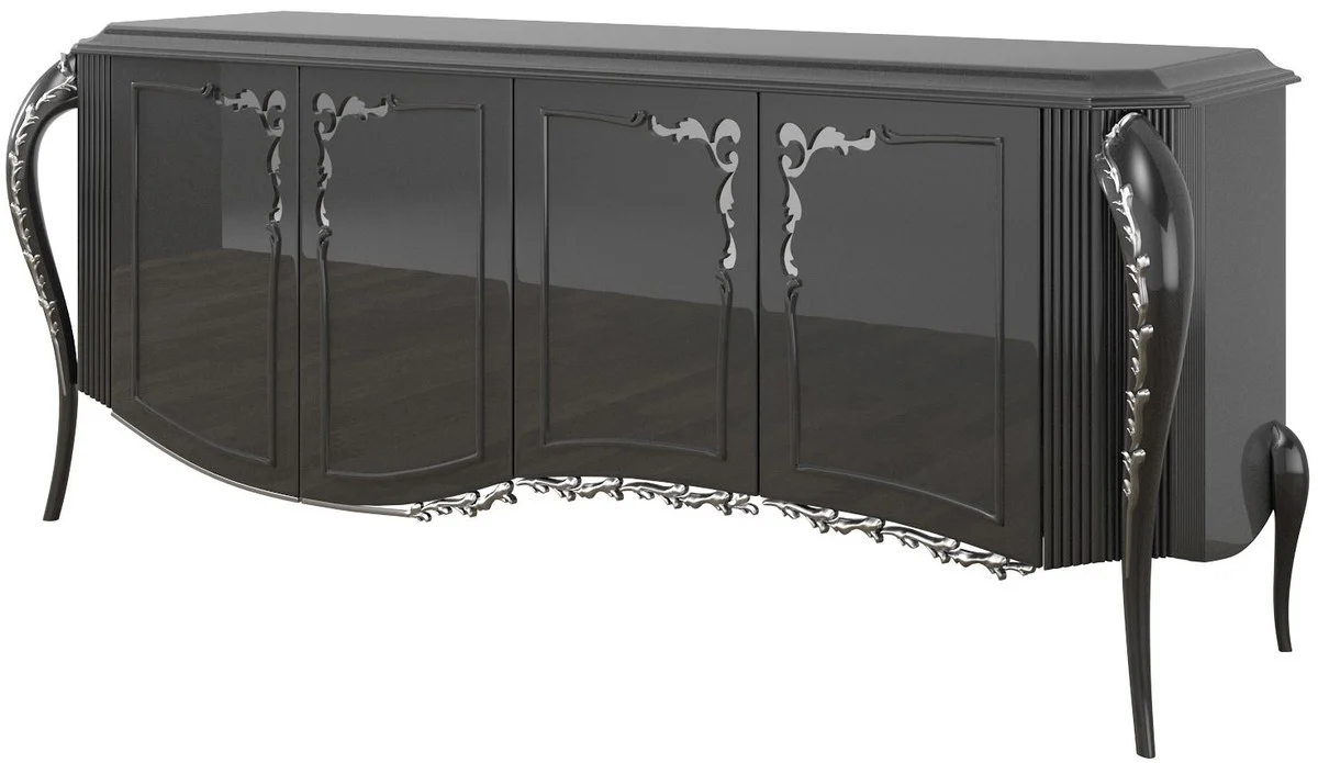 Casa Padrino aparador barroco de lujo negro / plata 218 x 56 x A. 94 cm - Mueble de sal¨®n noble con 4 puertas - Muebles Barrocos
