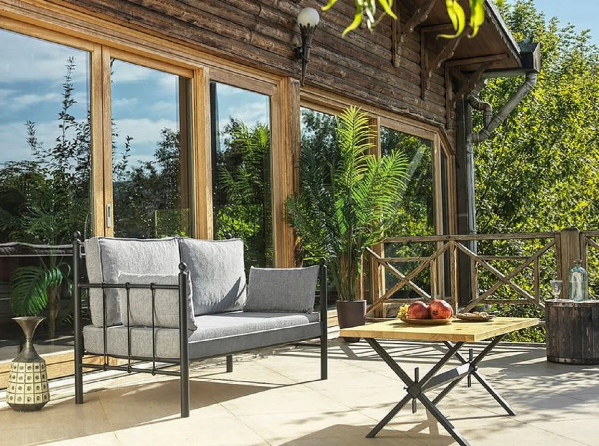 Casa Padrino sofá de jardín Art Nouveau negro / gris claro 140 x 70 x A. 92 cm - Sofá de Jardín - Sofá de Terraza - Muebles de Jardín y Terraza Art Nouveau