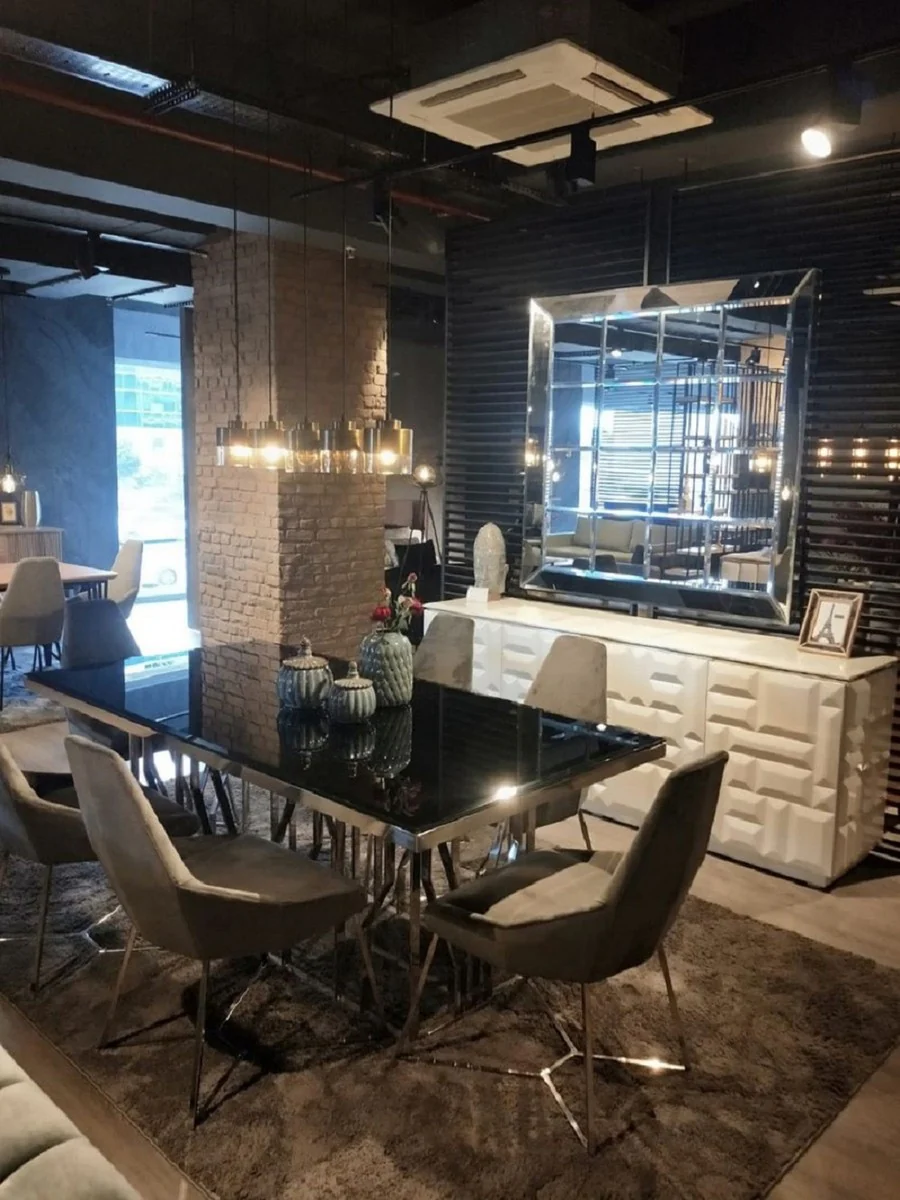 Casa Padrino mesa de comedor de lujo plata / negro 200 x 100 x A. 77 cm - Mesa de cocina rectangular de acero inoxidable con tapa de vidrio - Muebles de comedor - Muebles de lujo