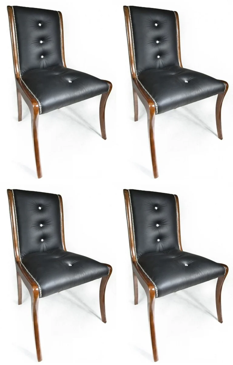 Casa Padrino conjunto de 4 sillas de comedor de cuero de lujo con pedrer¨ªa negro / marr¨®n 50 x 47 x A. 95 cm - Sillas de cocina de cuero genuino - Muebles de cuero genuino - Muebles de lujo