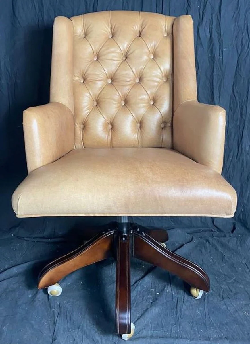 Casa Padrino silla de oficina de cuero Chesterfield de lujo crema vintage / marr¨®n 64 x 67 x A. 104-111 cm - Silla de escritorio de cuero genuino - Muebles Chesterfield - Muebles de lujo