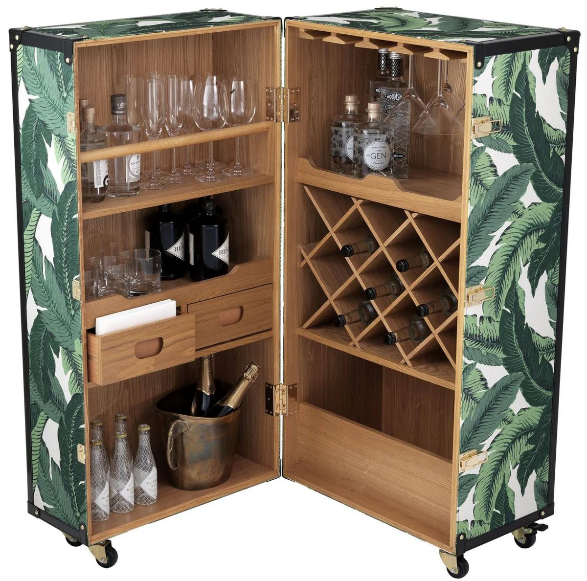 Casa Padrino armario de vino de lujo con ruedas verde / blanco / negro / oro 58 x 58 x A. 122 cm - Armario de c¨®ctel - Armario de equipaje en un aspecto retro - Armario bar en dise?o maleta vintage