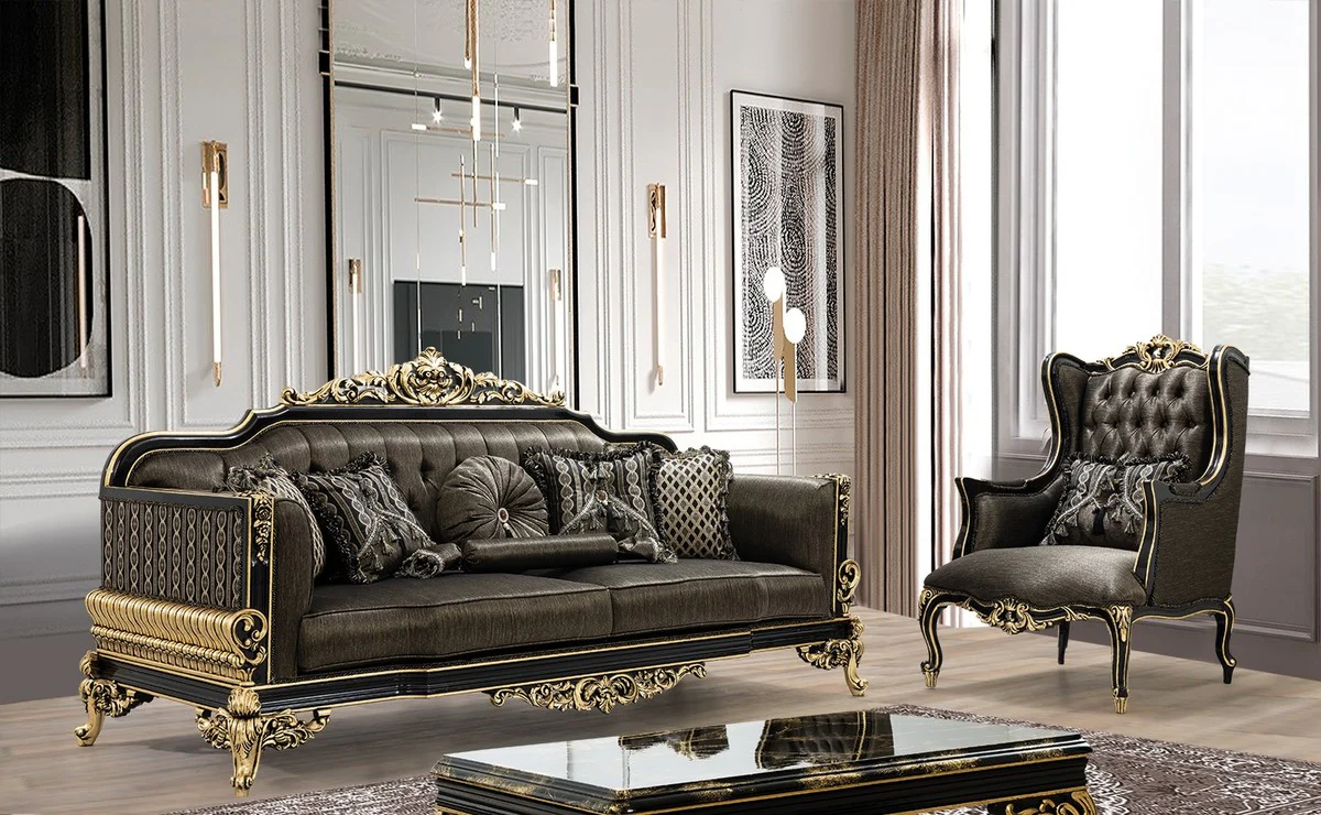 Casa Padrino sof¨¢ de sal¨®n barroco de lujo con almohadas gris / negro / oro 235 x 93 x A. 115 cm - Muebles Barrocos - Noble y Adornado