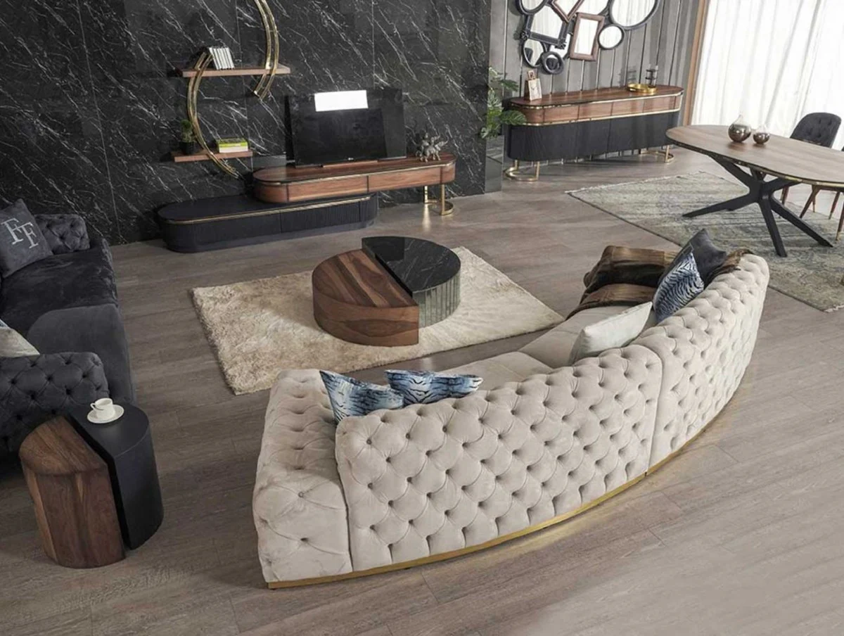 Casa Padrino sof¨¢ Chesterfield de lujo gris / oro 380 x 100 x A. 72 cm - Sof¨¢ de sal¨®n curvo - Muebles de sal¨®n - Muebles Chesterfield - Muebles de lujo - Interior de sal¨®n