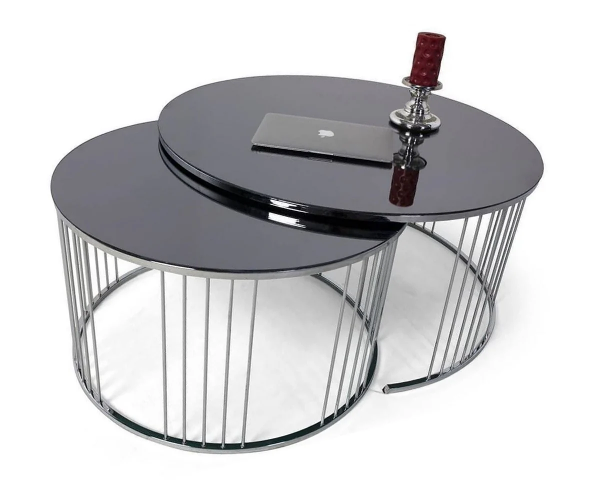 Casa Padrino conjunto de mesa de centro de lujo plata / negro - 2 Mesas de sal¨®n redondas con tapa de vidrio - Muebles de sal¨®n - Colecci¨®n de Lujo
