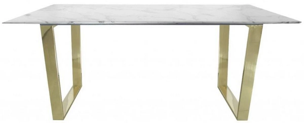 Casa Padrino mesa de comedor de lujo blanco / oro 180 x 90 x A. 75 cm - Mesa de comedor rectangular con tapa de m¨¢rmol sint¨¦tico y patas de acero - Muebles de comedor