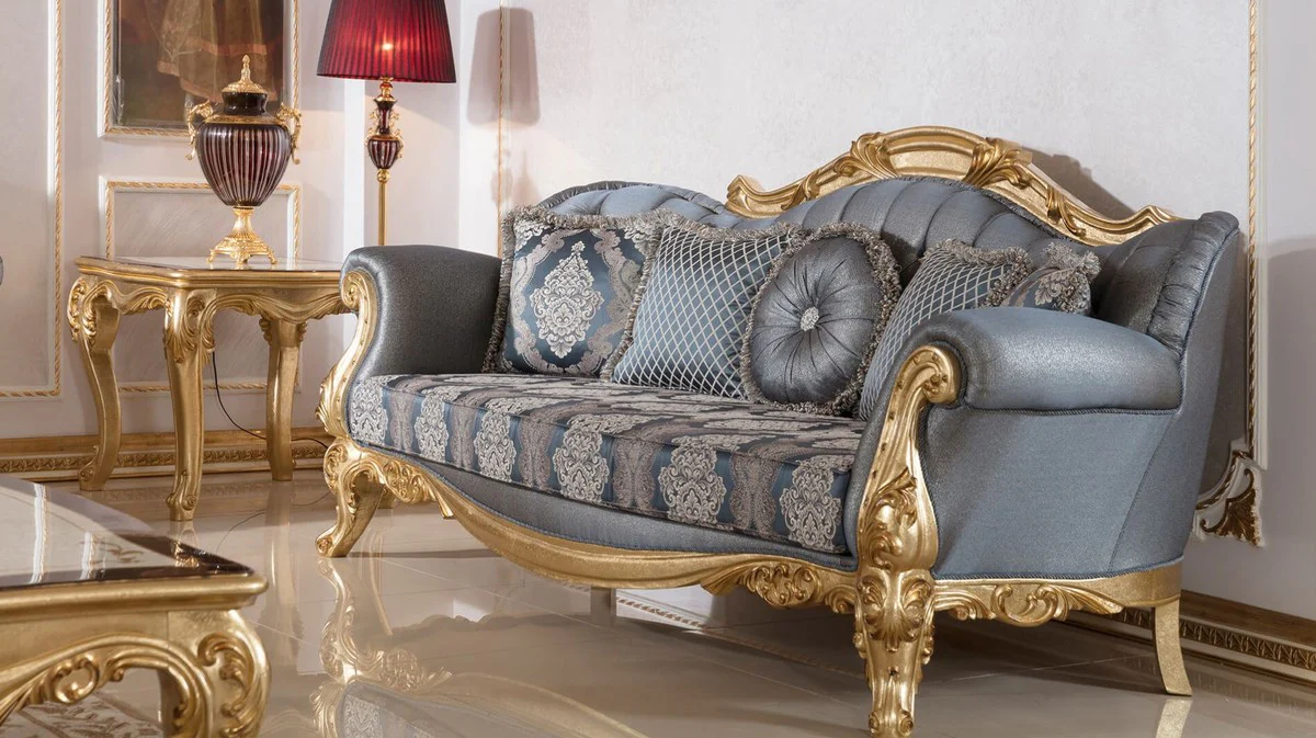 Casa Padrino sof¨¢ barroco de lujo azul / oro - Sof¨¢ de sal¨®n de estilo barroco hecho a mano con patr¨®n elegante - Muebles de sal¨®n barrocos - Noble y Magn¨ªfico