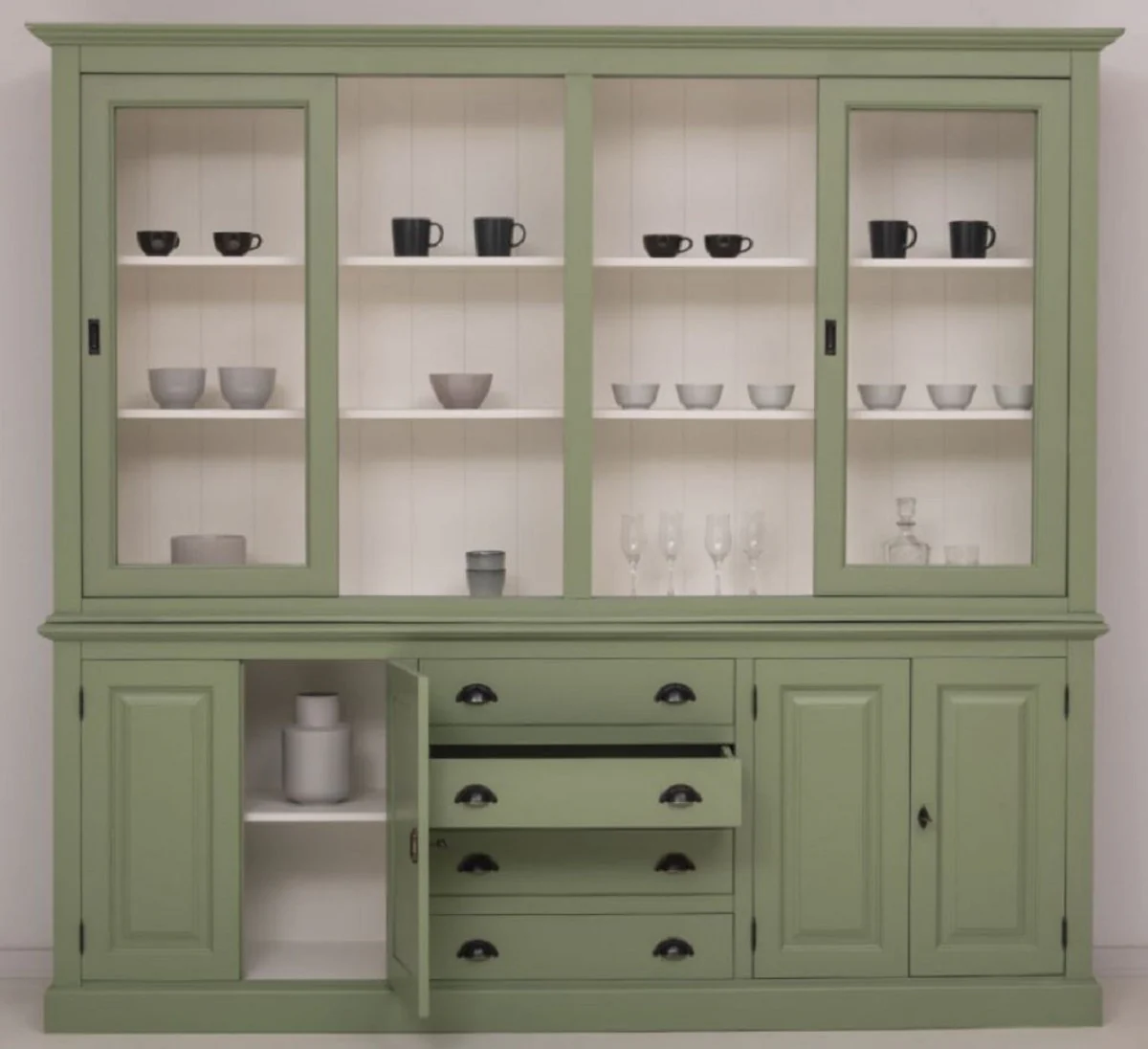 Casa Padrino armario de comedor de estilo campestre verde / blanco 240 x 47 x A. 220 cm - Armario de cocina de madera maciza - Muebles de comedor en estilo campestre