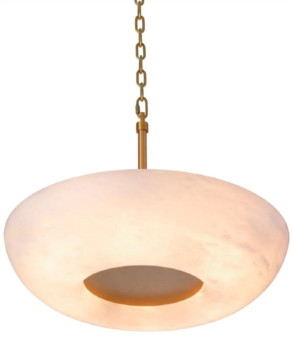 Casa Padrino lámpara colgante de lujo alabastro / latón antiguo Ø 60 x A. 15 cm - Lámpara colgante de metal con pantalla redonda de alabastro - Iluminación de lujo - Calidad de lujo