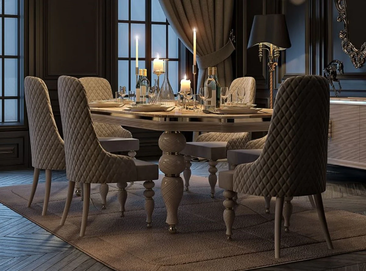 Casa Padrino conjunto de comedor Art Deco de lujo gris / blanco / oro - 1 Mesa de Comedor Art Deco con Tapa M¨¢rmol Artificial y 6 Sillas de Comedor Art Deco - Muebles de Comedor Art Deco