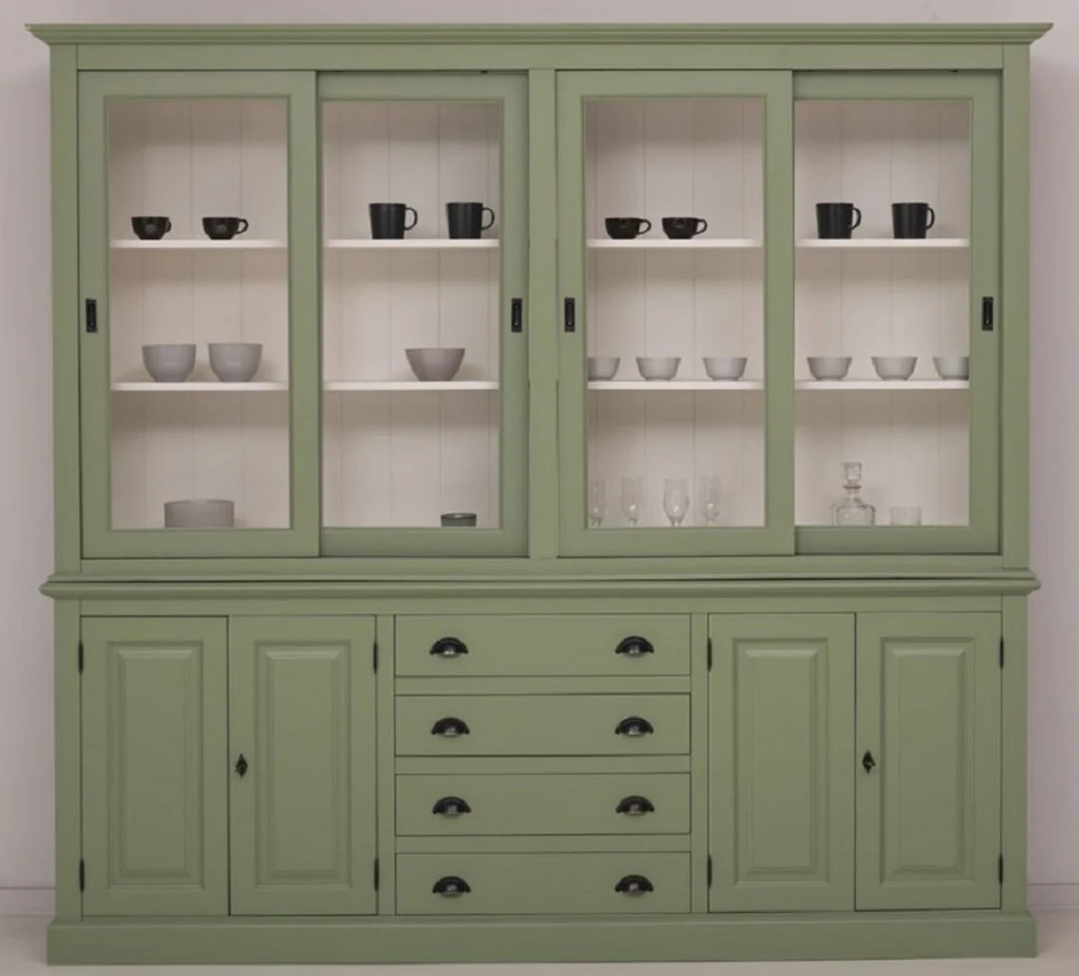 Casa Padrino armario de comedor de estilo campestre verde / blanco 240 x 47 x A. 220 cm - Armario de cocina de madera maciza - Muebles de comedor en estilo campestre
