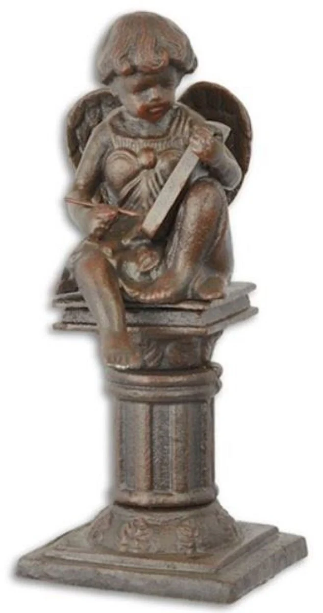 Casa Padrino figura de decoración de jardín Art Nouveau de hierro fundido ángel en columna marrón 16,7 x 14,1 x A. 34,1 cm - Escultura de decoración de jardín y terraza - Accesorios de Decoración