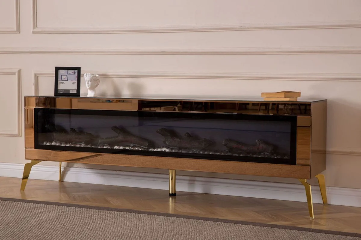 Casa Padrino gabinete de TV de lujo con chimenea eléctrica LED y mando a distancia oro 180 cm