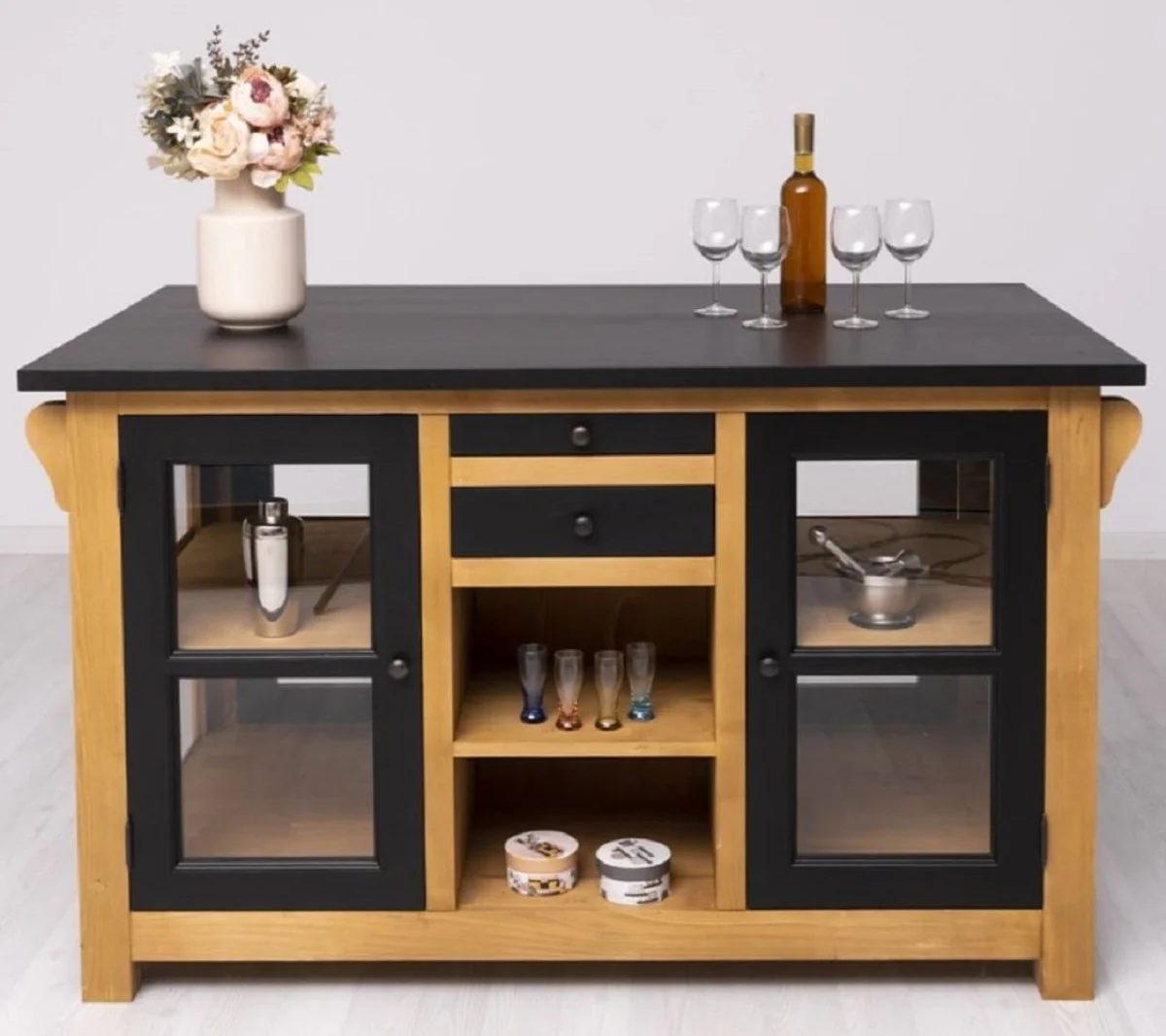 Casa Padrino isla de cocina de estilo campestre negro / natural 150 x 90 x A. 90 cm - Gabinete de cocina de madera maciza - Mueble de comedor de madera maciza estilo campestre