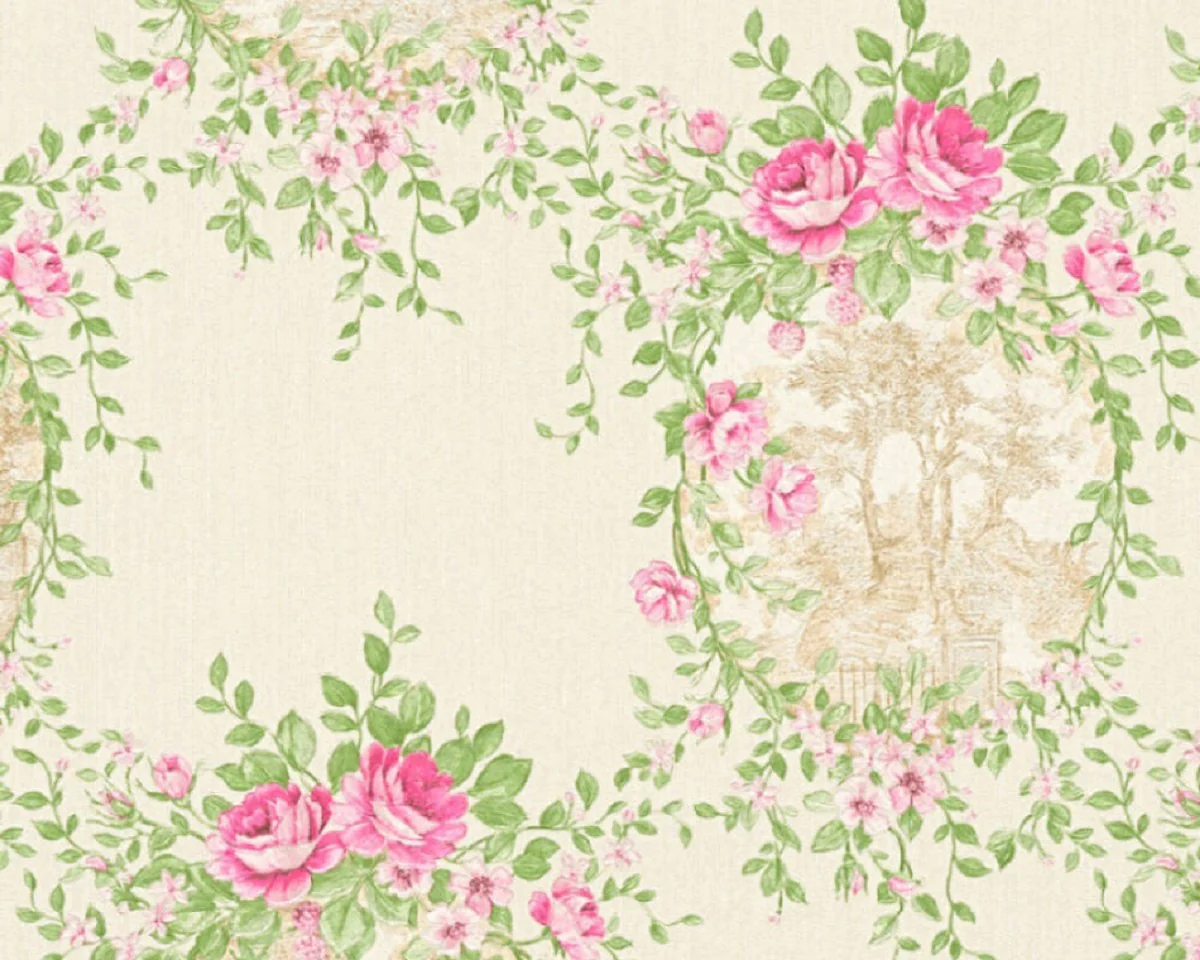 Casa Padrino papel pintado barroco no tejido crema / verde / rosa - Papel pintado de salón de estilo barroco con elegante patrón floral - Accesorios de decoración barroco