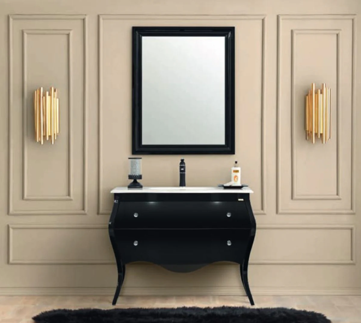 Casa Padrino conjunto de baño barroco de lujo negro / blanco - 1 Mesa de Lavado y 1 Lavabo y 1 Espejo de Pared - Mueble de baño en estilo barroco