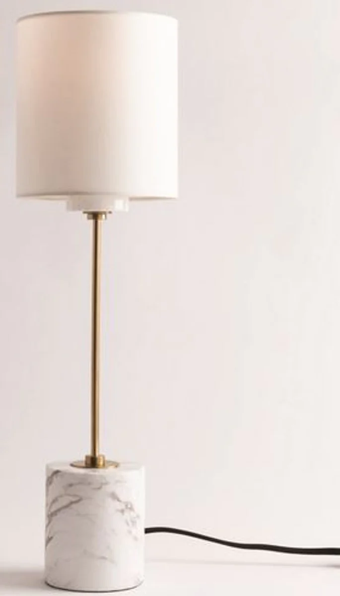 Casa Padrino lámpara de mesa de lujo latón antiguo / blanco Ø 15,9 x A. 55,9 cm - Lámpara de mesa redonda moderna con pantalla de seda sintética y base de mármol