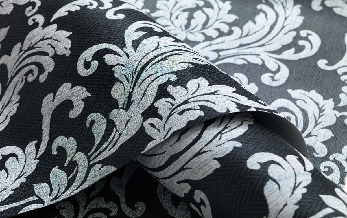 Casa Padrino papel pintado no tejido barroco negro / blanco - Papel pintado de salón de estilo barroco con patrón elegante - Decoración de pared en estilo barroco - Papel pintado en estilo barroco