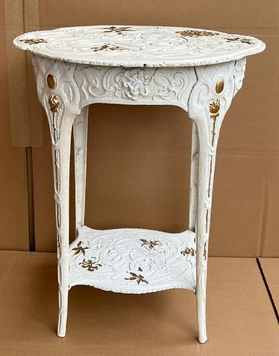 Casa Padrino mesa auxiliar decorativa de jard¨ªn Art Nouveau blanco / oro 46,6 x 36 x A. 60,4 cm - Mesa de flores nost¨¢lgica de hierro fundido - Muebles de Jard¨ªn Barrocos y Art Nouveau