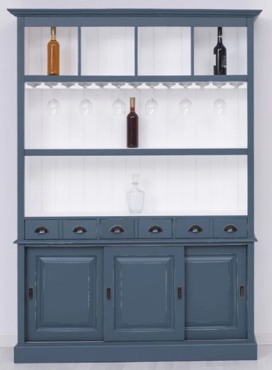 Casa Padrino armario de bar de madera maciza de estilo campestre azul antiguo / blanco 151 x 36 x A. 210 cm - Gabinete de vino de madera maciza estilo campestre - Mueble bar de estilo campestre