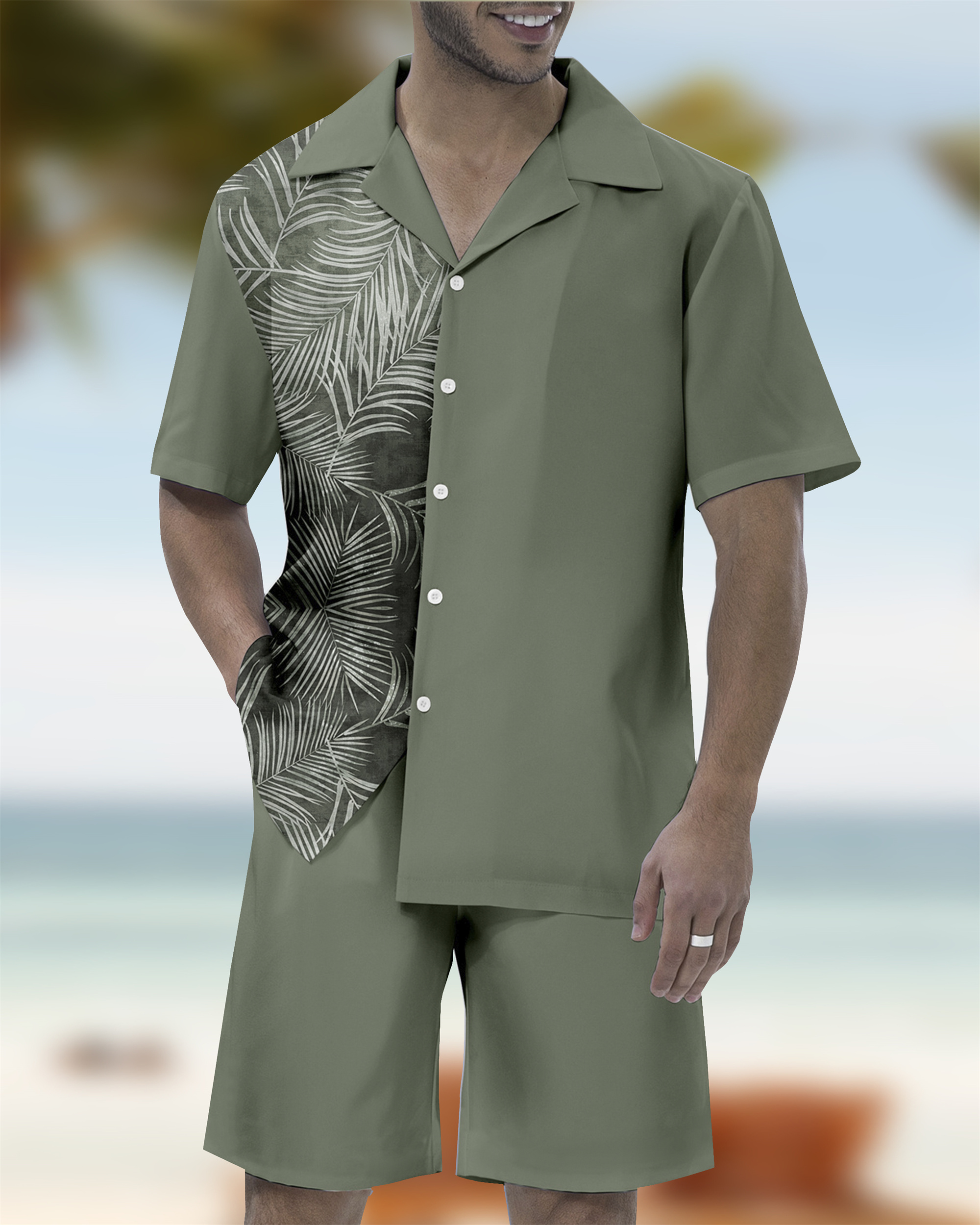 Men's Casual Vacation Hawaiian Cuban Collar Short Sleeve Shirt Set