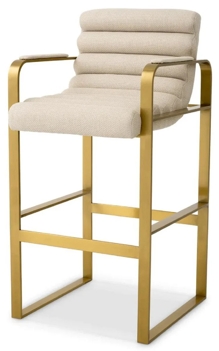 Casa Padrino silla de bar de terciopelo de lujo con reposabrazos arena / lat¨®n 53,5 x 57,5 ??x A. 107 cm - Taburete de bar tapizado de acero inoxidable - Muebles de bar de lujo - Calidad de lujo