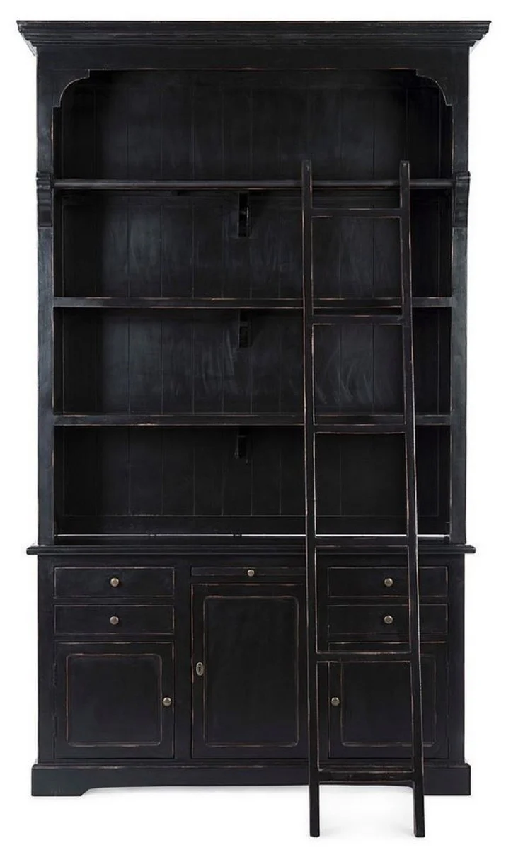 Casa Padrino armario de estilo campestre con escalera negro antiguo 143,5 x 40,6 x A. 233,7 cm - Armario de libros - Armario de Sala de Estar - Armario de Oficina - Muebles de Estilo Campestre