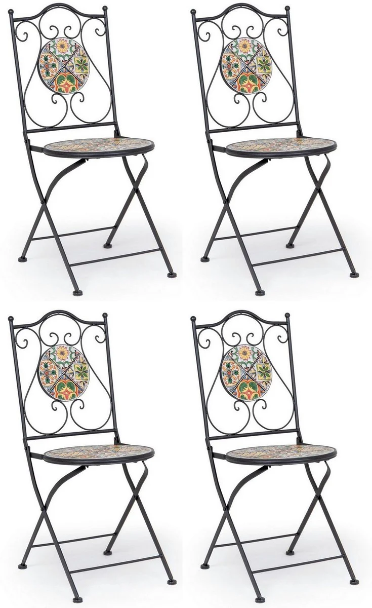 Casa Padrino conjunto de 4 sillas de jardín Art Nouveau negro / multicolor 39 x 47 x A. 92 cm - Sillas plegables con tapas de cerámica - Muebles de Jardín y Catering