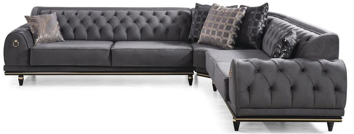Casa Padrino sof¨¢ esquinero Art Deco Chesterfield de lujo gris / negro / oro 320 x 285 x A. 82 cm - Sof¨¢ de sal¨®n noble con cojines decorativas - Calidad de Lujo