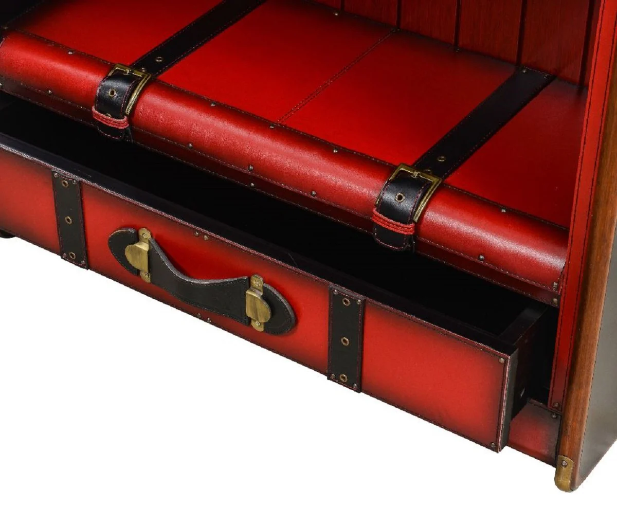 Casa Padrino armario estante de lujo en ¨®ptica de maleta rojo / negro / marr¨®n / lat¨®n 84 x 35 x A. 187,5 cm - Armario de madera maciza de cuero genuino - Muebles de lujo con apariencia de maleta