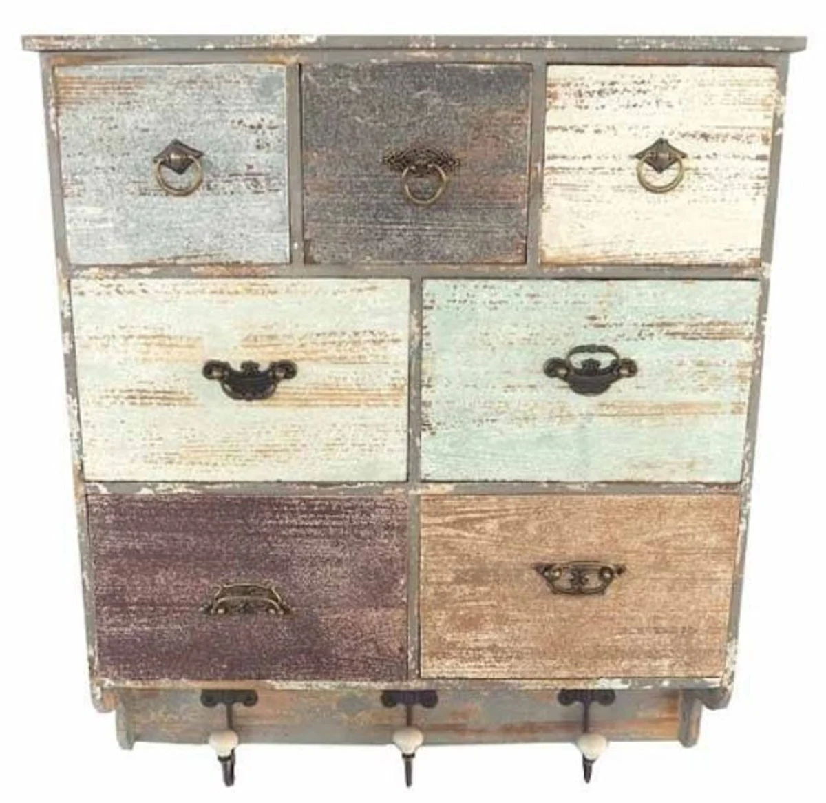 Casa Padrino country style wall shelf with 7 drawers and 3 hooks antique gray / multicolored 58 x 15 x H. 69 cm - Shabby Chic Furniture