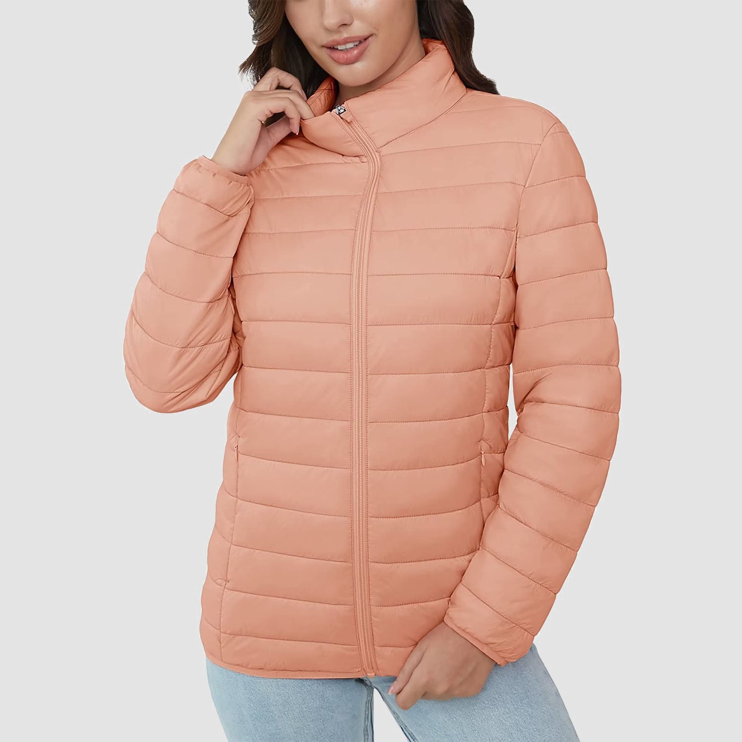 Women Lightweight Puffer Jacket Stand Collar Full Zip Quilted Lined Winter Coat