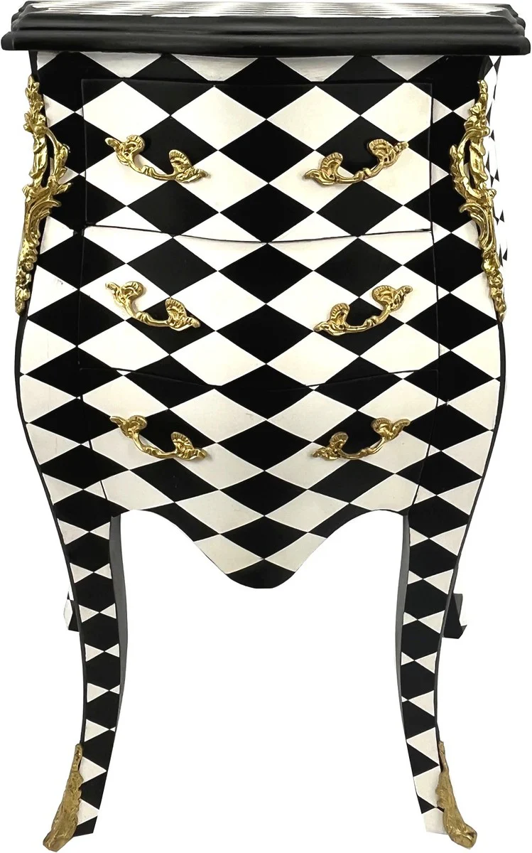 Casa Padrino cómoda barroco diseño de cuadros negro / blanco / oro - Mesita de noche de estilo barroco hecha a mano con 3 cajones - Muebles barrocos - Muebles de dormitorio en estilo barroco