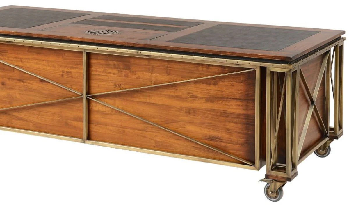 Casa Padrino escritorio de estilo vintage de lujo marrón / latón / negro 234 x 98,5 x A. 75 cm - Mesa de oficina de madera maciza con ruedas - Muebles de oficina estilo vintage
