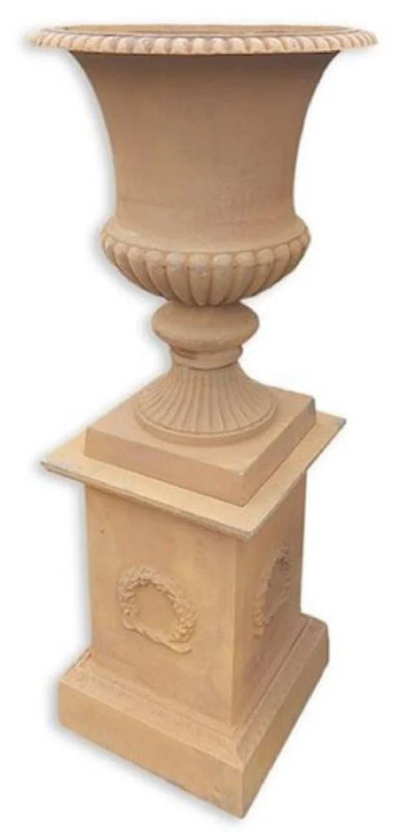 Casa Padrino jarrón barroco con columna beige A. 138 cm - Magnífico florero de hierro fundido con pedestal - Decoración de jardín y terraza barroco - Accesorios de decoración barroco
