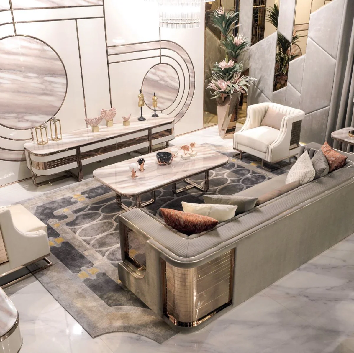 Casa Padrino sof¨¢ de lujo gris / cobre 230 x 96 x A. 72 cm - Sof¨¢ de sal¨®n - Sof¨¢ de hotel - Muebles de sal¨®n - Muebles de hotel - Muebles de lujo - Interiores de sal¨®n - Interiores de lujo