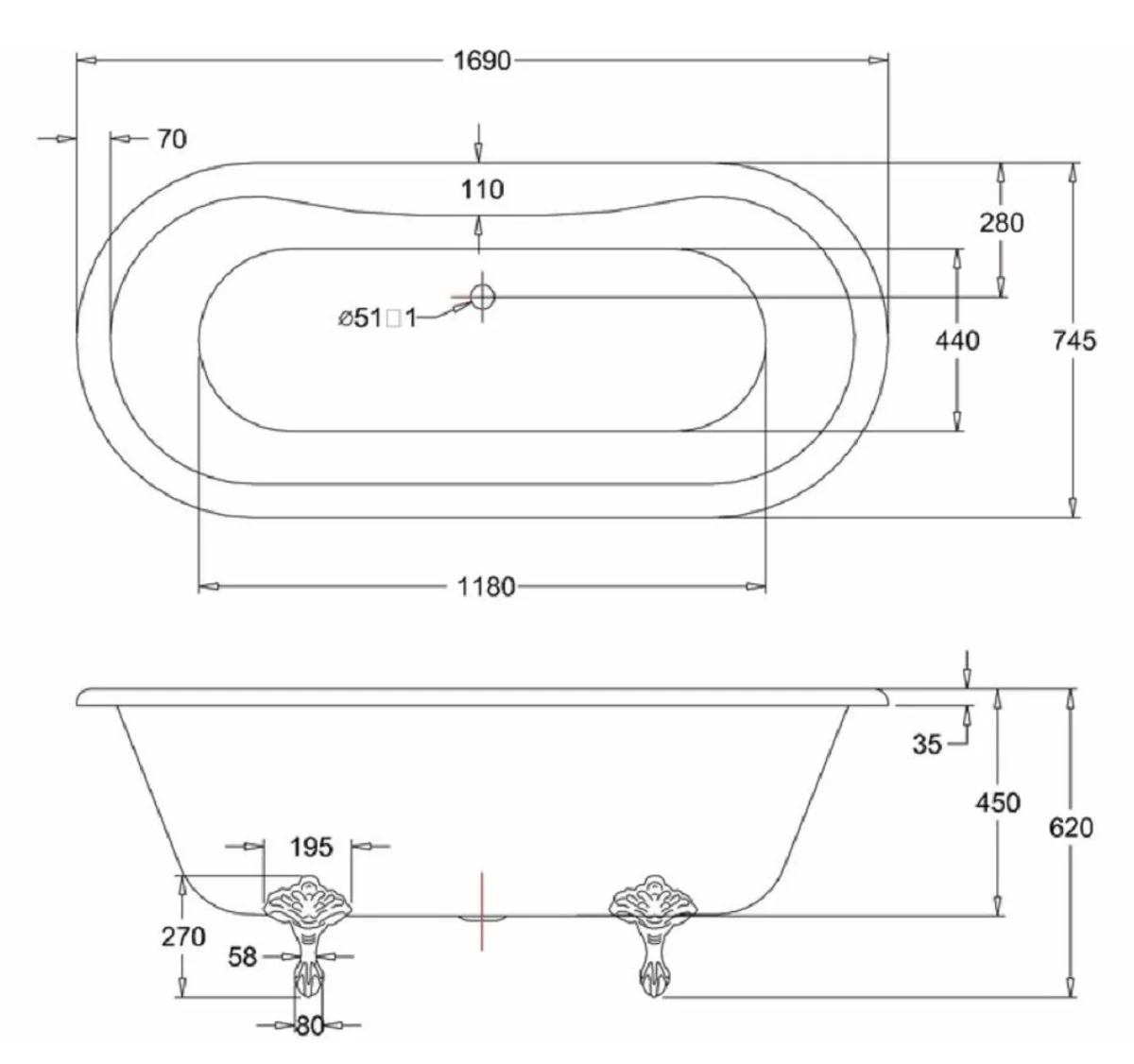 Casa Padrino bañera Art Nouveau de lujo blanco / blanco 169 x 74,5 x A. 62 cm - Bañera acrílica retro independiente - Mueble de baño retro