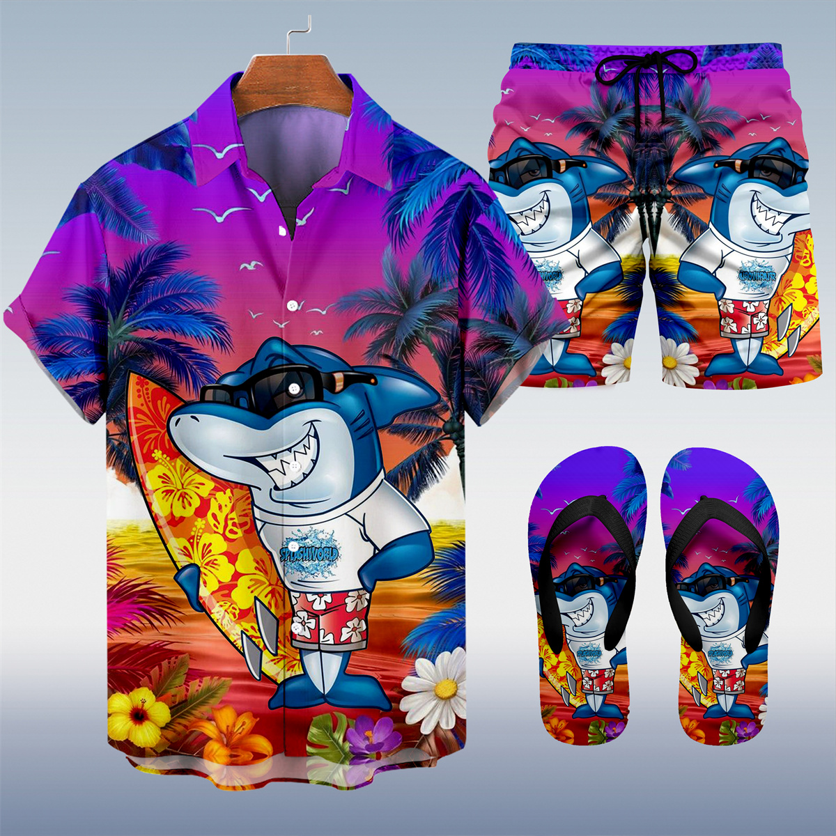 Suitmens Men's Tiki Party Hawaiian Vacation Print Three-Piece Set 022